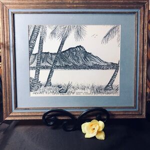 Pen and Ink drawing “Diamond Head Hawaii” by B. George on a Vintage Framed